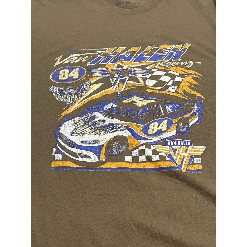 Van Halen Racing Graphic T-Shirt Mens Large Tan Brown 84 Race Car Rock Band Tee